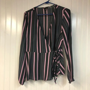 Torrid Stripe Wrap Front Tie Blouse Size 00 Black Pink Gray VNeck